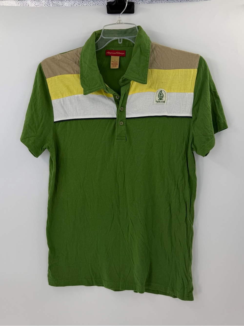 American Exchange Green Short-Sleeve Polo with Yellow, White & Tan Stripes